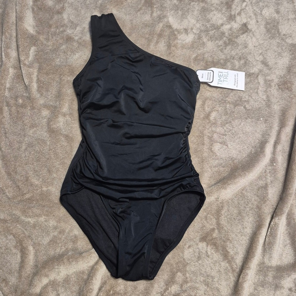 Time and Tru Womens One Shoulder Ruched One Piece Swimsuit Black XS 0-2 NWT